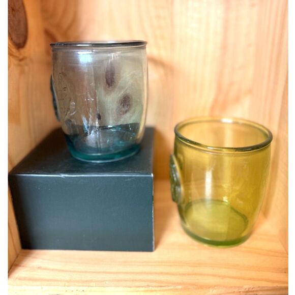 Authentic Recycled San Miguel Lowball Glasses Blue & Yellow Green SZ 4" H x 3" W - Picture 2 of 7